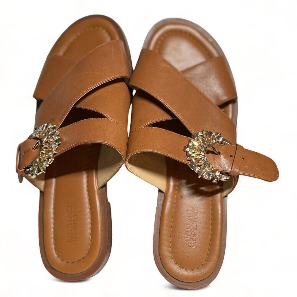 Michael Michael Kors Women's Frieda Slide Brown Acorn Jeweled Buckle Sz 7.5 EUC